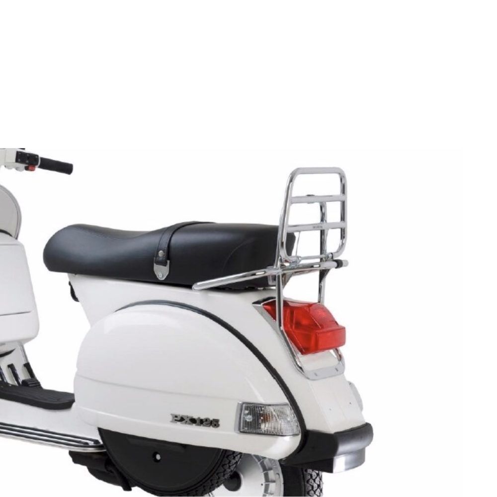 Tavarateline taakse kromattu, Piaggio, Vespa PX80, PX125, PX150 ja PX200 Alkuperäinen Piaggion tavarateline taakse, kromattu. Sopii Vespa PX80, PX125, PX150 ja PX200. Tavarateline taakse kromattu, Piaggio, Vespa PX80, PX125, PX150 ja PX200