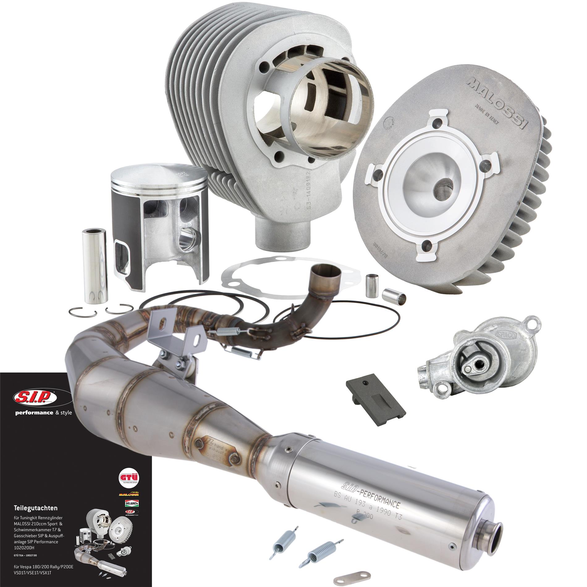 Tuning sarja SIP Malossi 210cc Sport, Vespa 200 Rally, P200E, PX200E <img class="alignright size-full wp-image-24439" src="https://staging.italialaiset.fi/wp-content/uploads/2020/01/image-7.png" alt="" width="55" height="24" />Tuningsarja SIP MALOSSI 210 cc SPORT "Legal" Vespaan 200 Rally/P200E/PX200 E/Lusso MALOSSI Sport 2016, Ø 68,5mm, 7 porttinen, iskunpituus 57mm, sylinterikannella, hyväksytty tieliikenteeseen. Tuning sarja SIP Malossi 210cc Sport, Vespa 200 Rally, P200E, PX200E