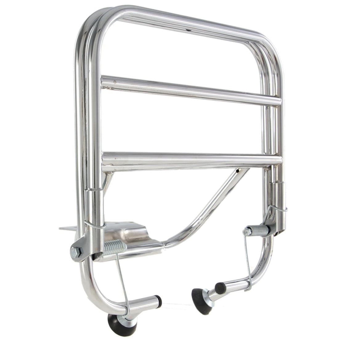 Tavarateline taakse Cuppini, Vespa pikkurunkoiset Cuppinin kromattu tavarateline taakse pikkurunkoiseen Vespaan. <ul> <li>kuormausalue 32x24 cm</li> <li>taittuva</li> <li>kromattua metallia</li> </ul> Tavarateline taakse Cuppini, Vespa pikkurunkoiset