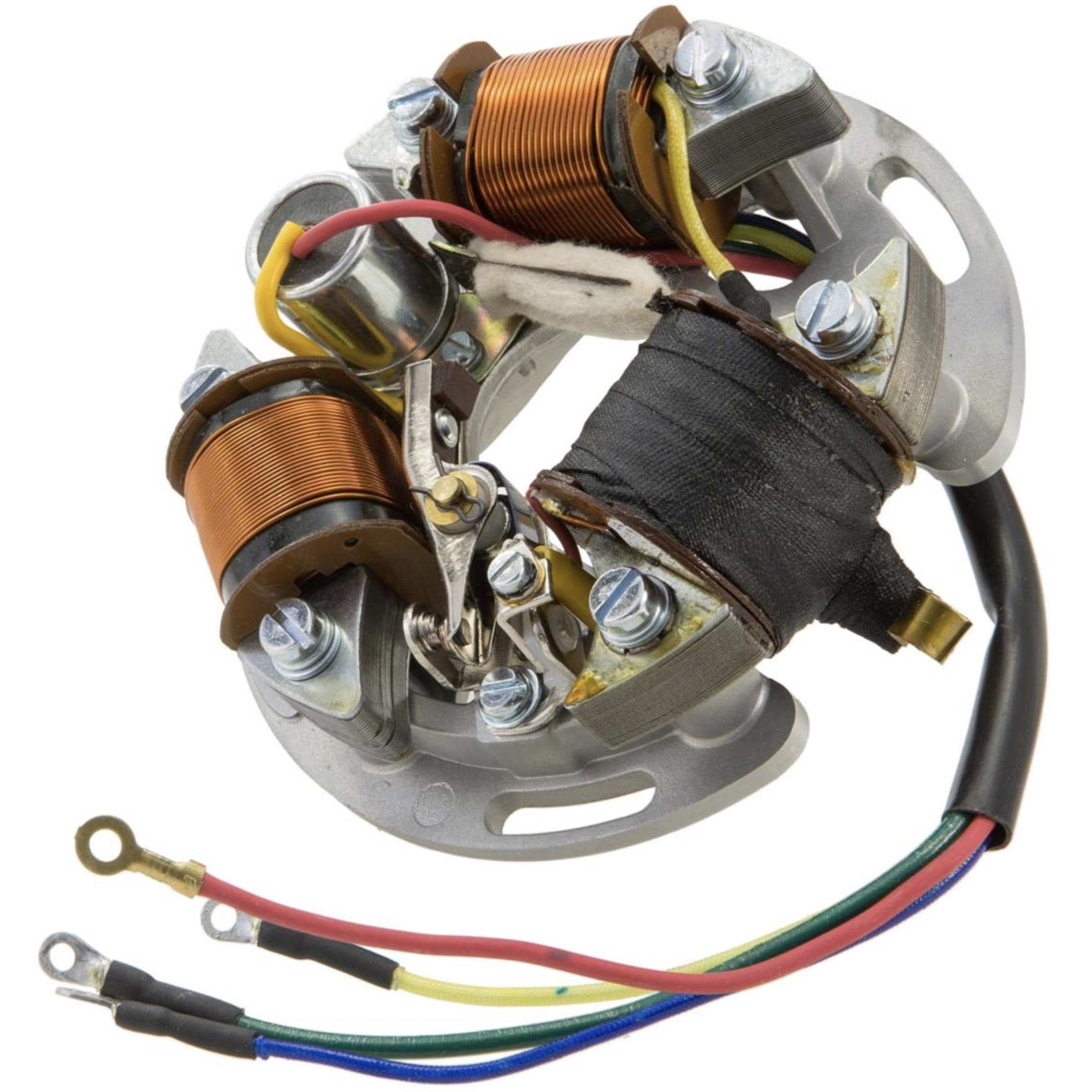 Staattori SIP, Vespa 4-johtiminen <a href="https://staging.italialaiset.fi/wp-content/uploads/2020/12/logo-sip-spare-parts.jpg"><img class="alignright size-full wp-image-29896" src="https://staging.italialaiset.fi/wp-content/uploads/2020/12/logo-sip-spare-parts.jpg" alt="" width="114" height="39" /></a>Staattori SIP, Vespa 4-johtiminen. Katso sopivuus alla olevasta taulukosta. <ul> <li>ulkoiselle puolalle</li> <li>6V</li> <li>3-kelainen</li> <li>4-johtiminen (vihreä, keltainen, sininen, punainen)</li> </ul> Vanhemmissa Vespoissa staattorilevyt ovat yleensä viallisia. SIP -staattorilevyt on koonnut itävaltalainen johtosarjojen toimittajamme, jotka mittaavat ja testaavat jokaisen staattorilevyn perusteellisesti ennen kuin se poistuu työpajalta. Käytetyt sytytys-, valo- ja latauskelat ovat 100% italialaisia. Kondensaattori ja kärjet on EFFE:n valmistamia. Kaikkien Vespa-wideframe mallien yleisinnät staattorit ovat 3-kelaisia. Niitä löytyy kaikista malleista, joissa on 6 V: n sähköjärjestelmä ja joissa ei ole vilkkuja tai akkua. Sytytyspuolan erityinen sarjakytkentä parantaa kärkien kestävyyttä ja lisää huomattavasti sen tuottamaa jännitettä. Tämä tekee SIP -staattorilevyistämme täydelliset yhdistettäväksi esimerkiksi 177 cm3:n sylinterisarjoihin. Se on myös yhteensopiva kaikkien Vespa 125 VNB2-5T/1560 VBA/VBB 1T/VGLA/VGLB -mallien kanssa. Mallit, joissa on sisäinen puola, kuten Vespa 125 VNB2-5T, voivat myös nauttia tämän järjestelmän päivityksen eduista. Tämä muutos edellyttää myös ulkoisen puolan tilaamista. Staattori SIP, Vespa 4-johtiminen
